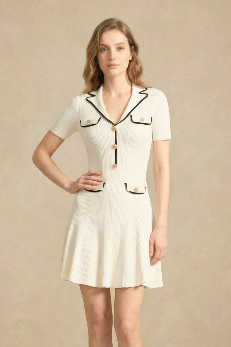 A close-up front view of a woman wearing a white mini dress with black contrast trim and decorative gold button pockets.
