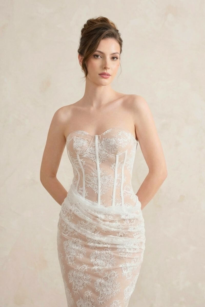 A close-up of the strapless white lace corset dress, highlighting the structured boning, sweetheart neckline, and sheer floral lace.