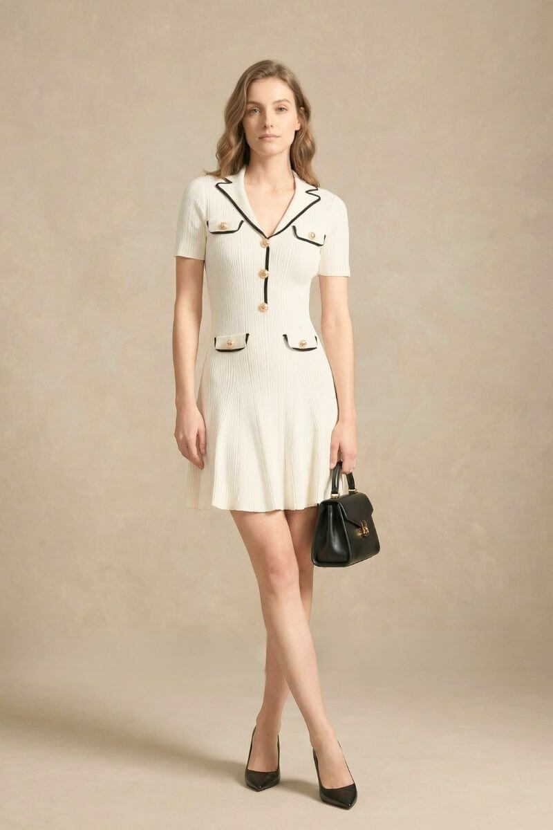A woman wearing a white knit mini dress with black contrast trim and gold buttons, styled with black heels and a black handbag.