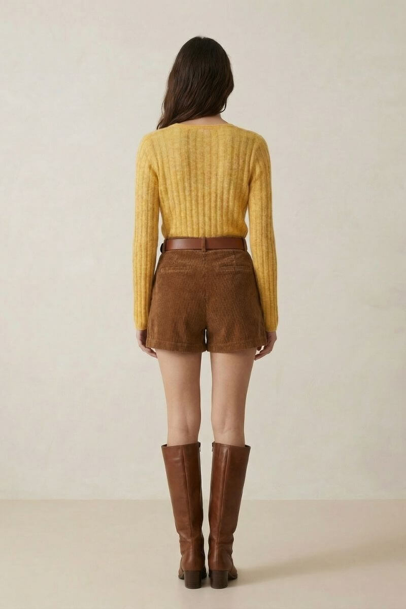 Back view of a woman wearing a yellow ribbed sweater with brown corduroy shorts and tall brown boots against a soft beige background.