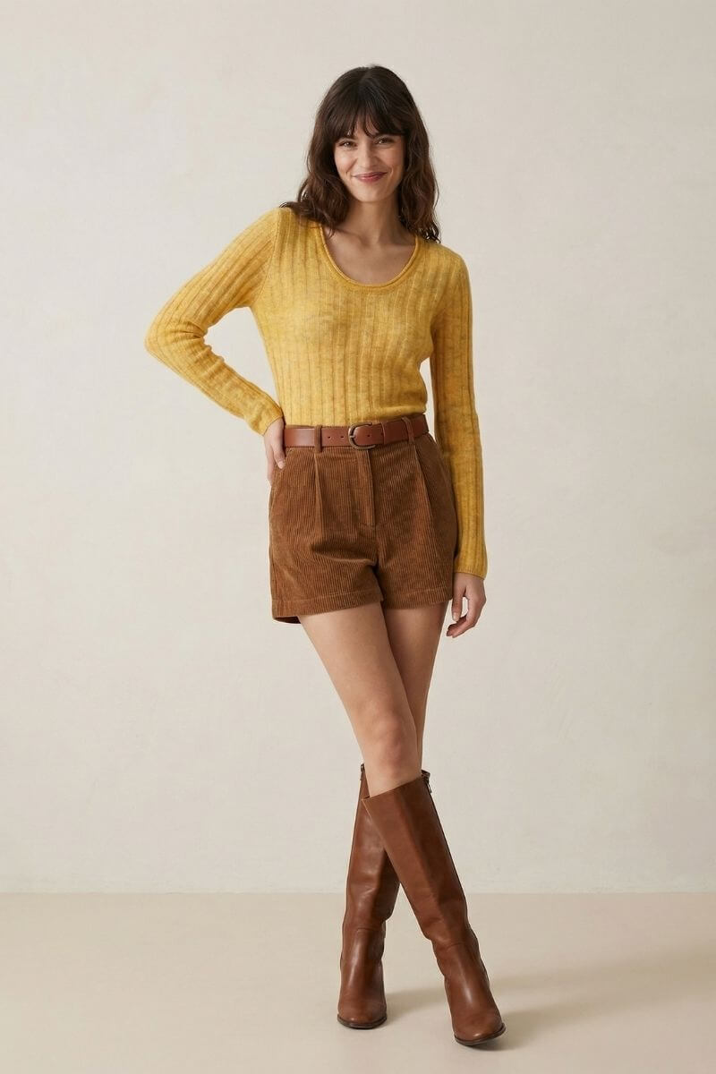 A woman in a yellow ribbed long-sleeve sweater, brown corduroy shorts, and tall brown boots posing full-body in a minimalist studio.